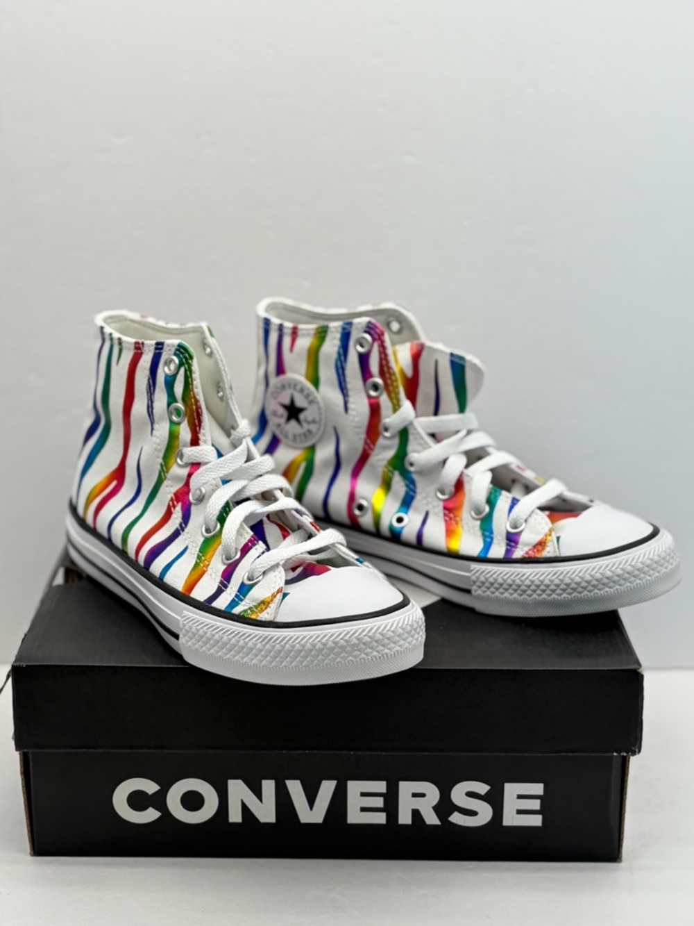 Converse White High Tops with Multicolor Metallic Waves